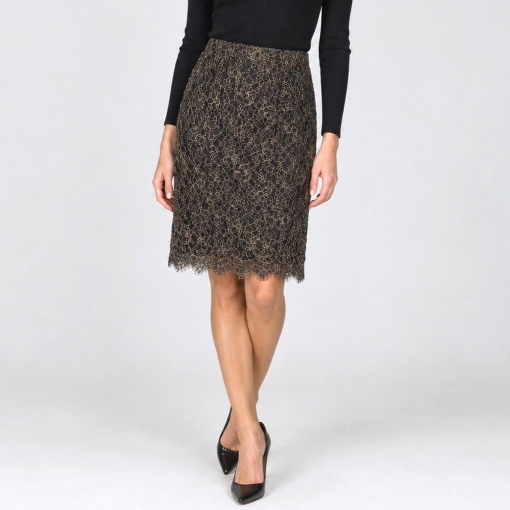 Banana Republic Lace Skirt 2 Brown Gold Metallic Pencil Back Slit 2005
